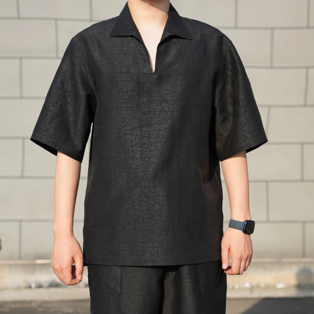 A-211-新款100%桑蚕丝香云纱男装老料龟裂纹真丝时尚宽松中国风