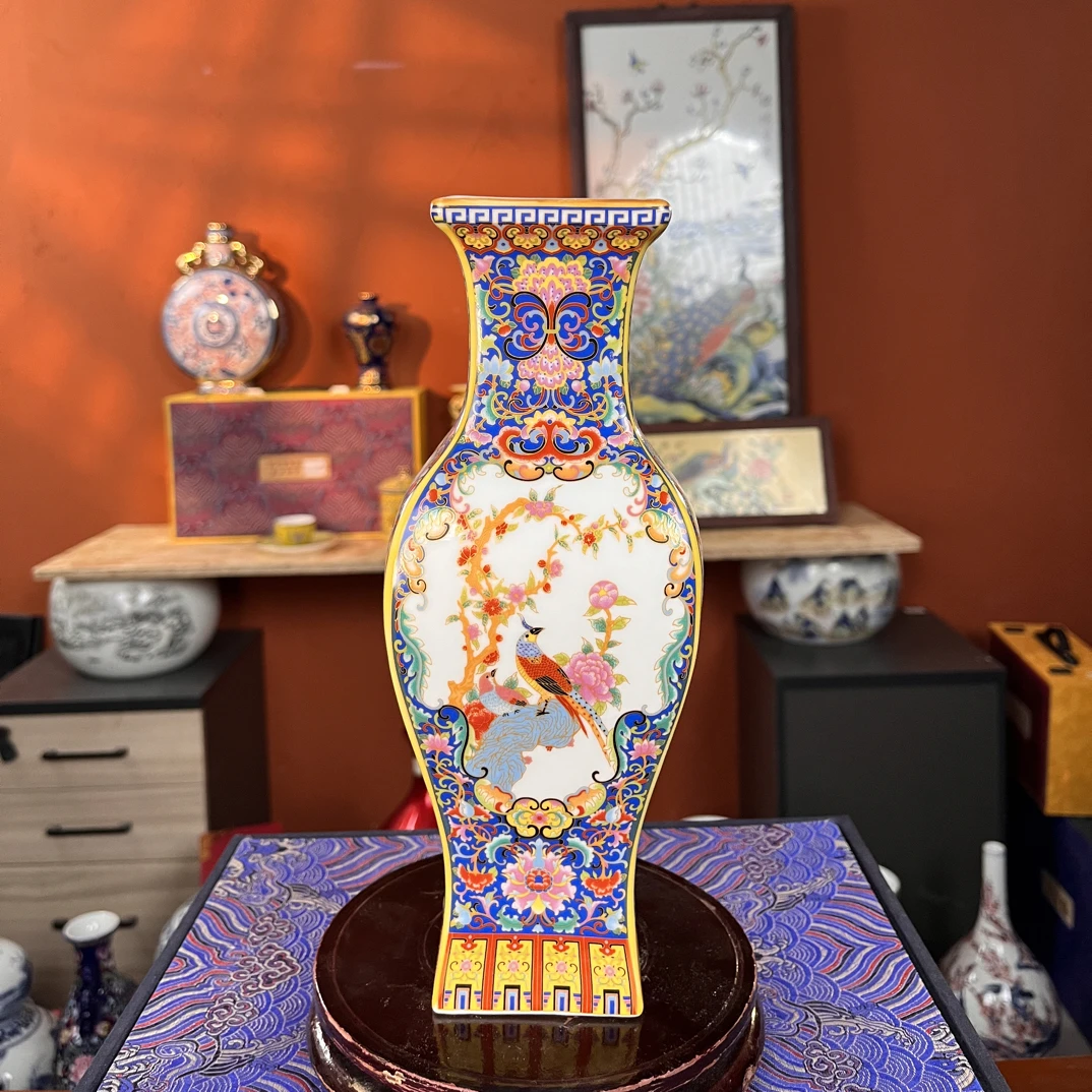 粉彩开窗六方瓶客厅酒柜博古架陶瓷花瓶装饰品