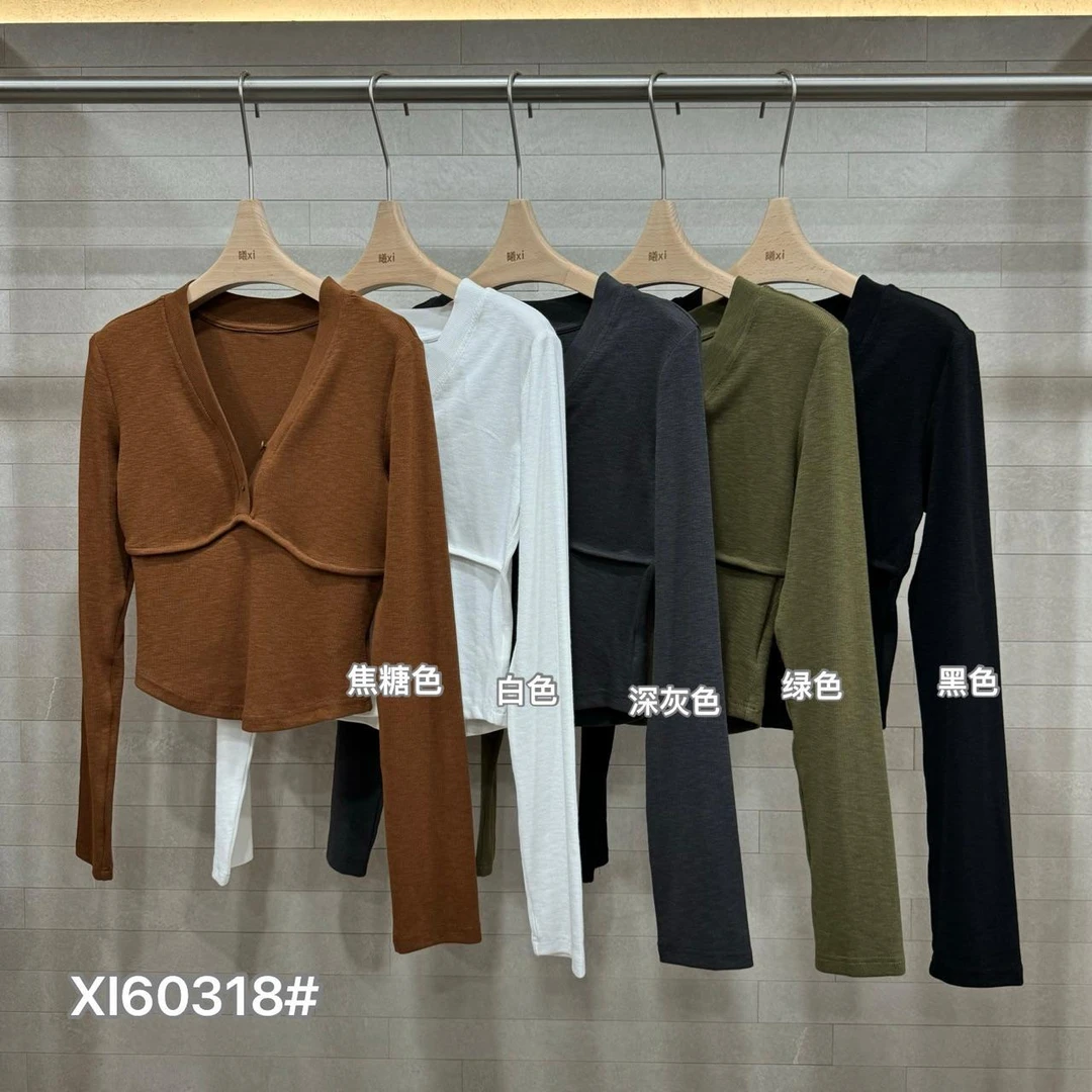 杨杨 曦XI-60318（V领鱼骨T）美式V领超好看修身显瘦辣妹上衣