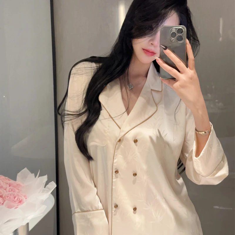 睡衣女春秋款高级感长袖提花冰丝绸缎气质显瘦家居服套装可外穿