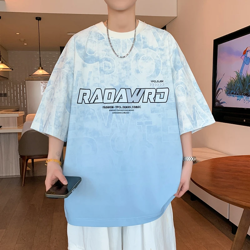 2025夏季新款青少年时尚渐变色印花短袖冰丝凉感宽松百搭款上衣