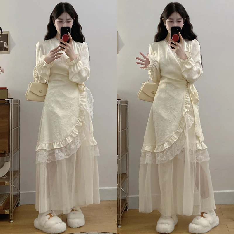 大码【雾白清秋】秋冬新款蕾丝绑带气质网纱拼接仙女风甜美连衣裙女