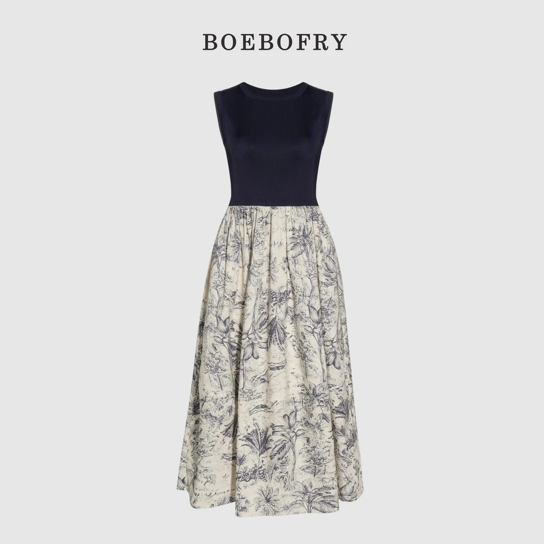 BOEBOFRY<拼接复古>春夏圆领优雅无袖碎花连衣裙TE2L0616