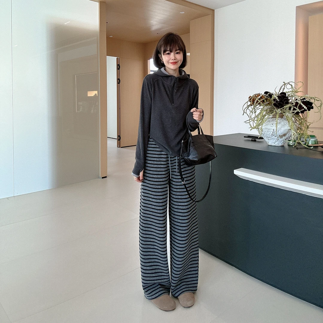 秋冬加厚加绒高腰宽松显瘦条纹拖地长裤