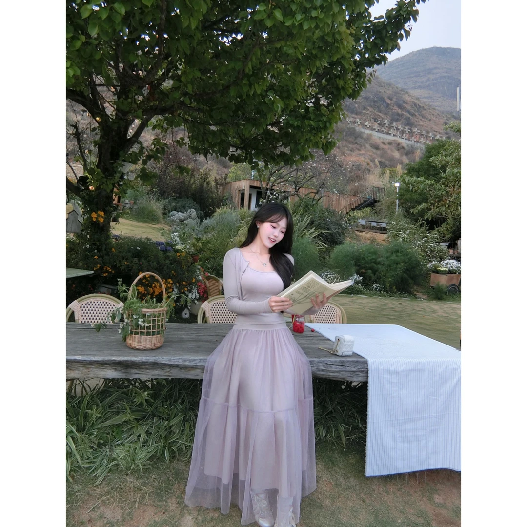 刘婆子店铺款【圆舞曲三件套】温柔风气质网纱半裙+吊带开衫K8853