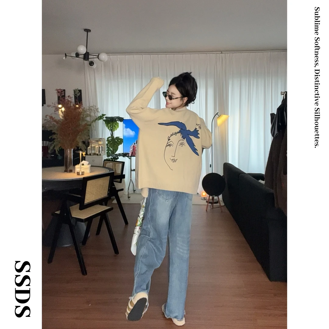 SSDS油画和平鸽开衫毛衣纽扣针织圆领秋冬宽松显瘦百搭慵懒开衫