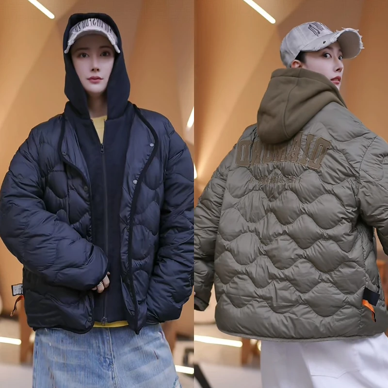 6857【防风防水90白鸭绒里外100尼龙】假二件绒羽绒服