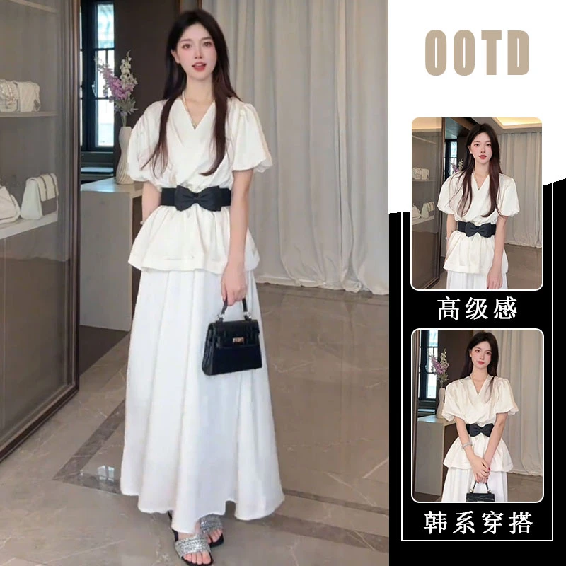法式高级感套装女2025夏季新款蝴蝶结收腰泡泡袖衬衫半身裙两件套