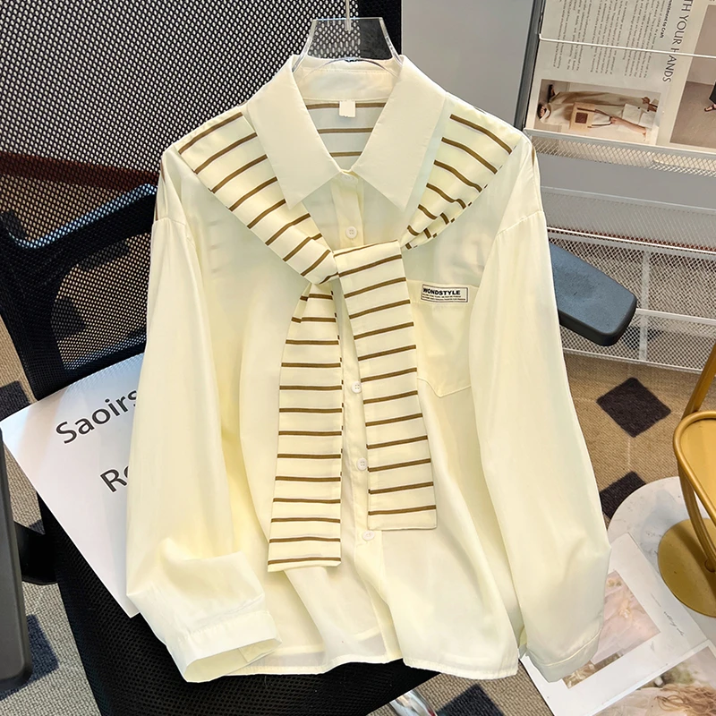 Polo领长袖假两件雪纺衬衫女春装新款2025条纹披肩拼接衬衣上衣潮