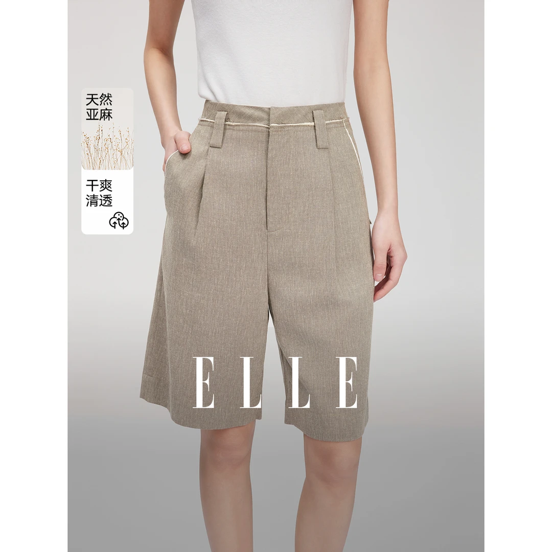ELLE复古美拉德毛边亚麻通勤短裤女2025夏季新款天丝轻薄EK51376