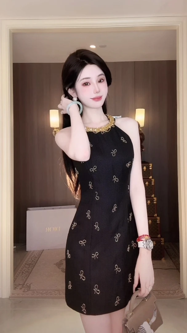 【雅乔定制】法系千金 珠管蝴蝶结刺绣挂脖式连衣裙DYLL-25066784