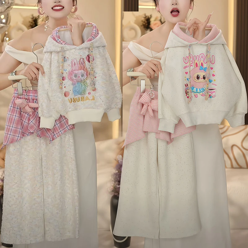 女童刷毛拉布布运动套装2025新款春秋款卡通格子连帽卫衣阔腿卫裤