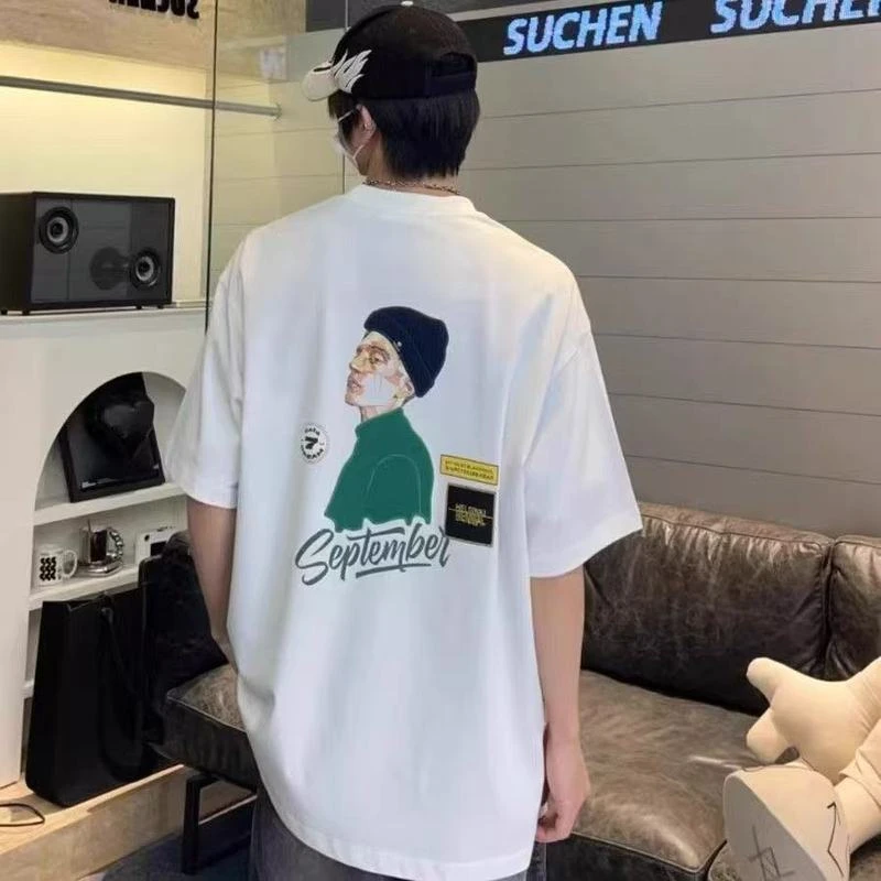 新款潮牌新款男夏季短袖后背图案印花T恤圆领休闲体恤半袖上衣潮