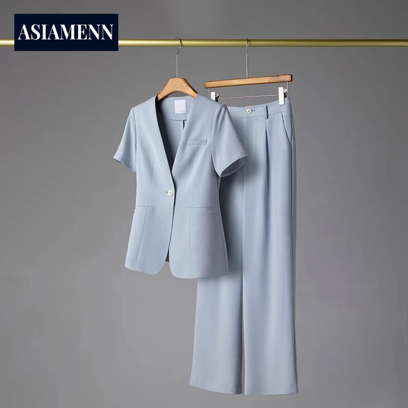 高级感蓝色短袖西装套装女2025年职业通勤夏天薄款无领西服两件套