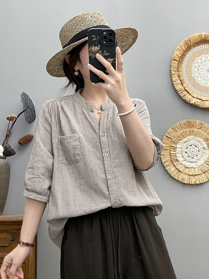 窄条纹夏季短袖清新文艺宽松舒适五分袖衬衫显瘦休闲时尚百搭衬衣