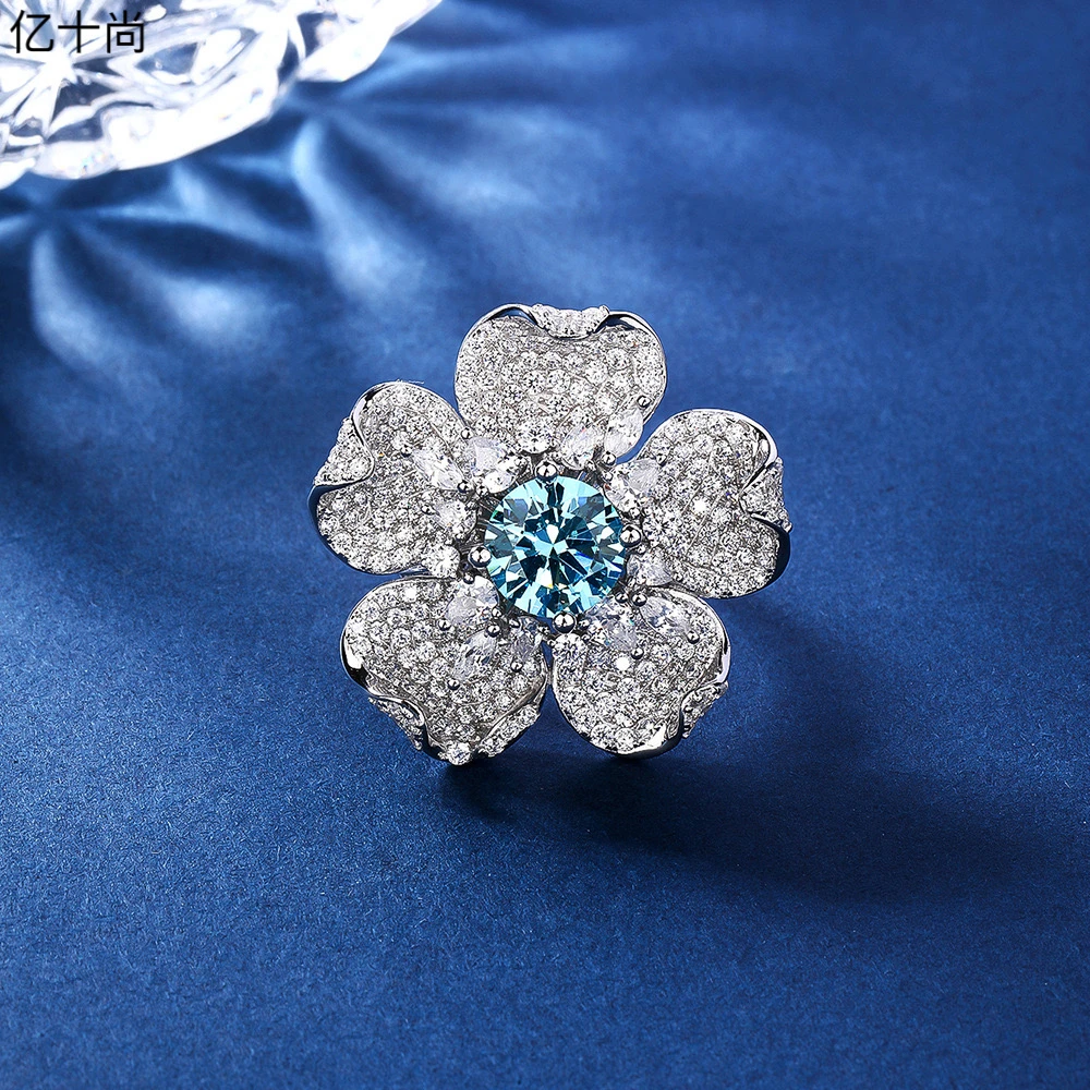 925银合成锆石戒指 亿十尚满天星花朵海蓝圆高档戒指时尚洋气仙美