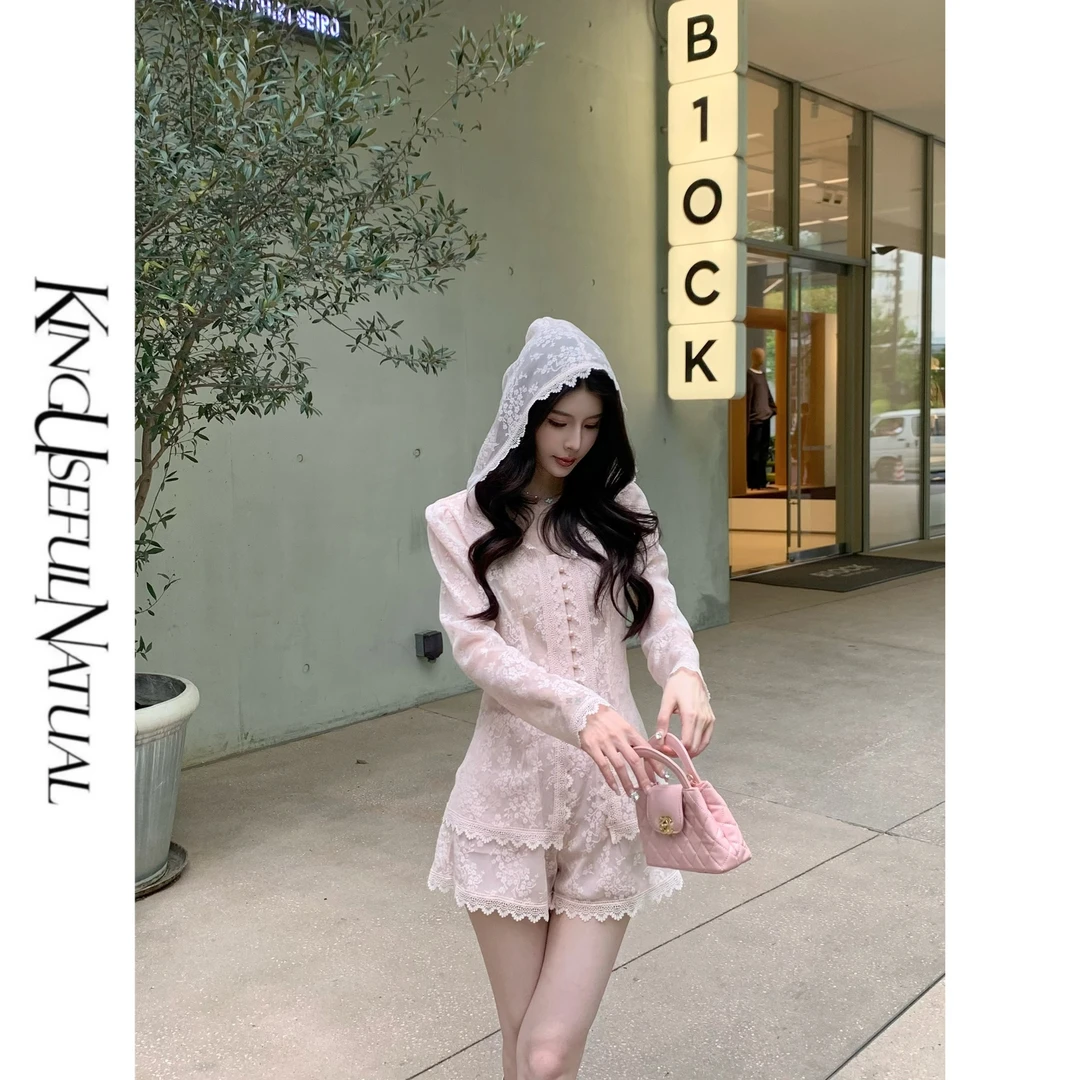 KUN【恋夏】粉嫩气质 网纱提花细闪优雅显瘦设计感连帽上衣短裤套装