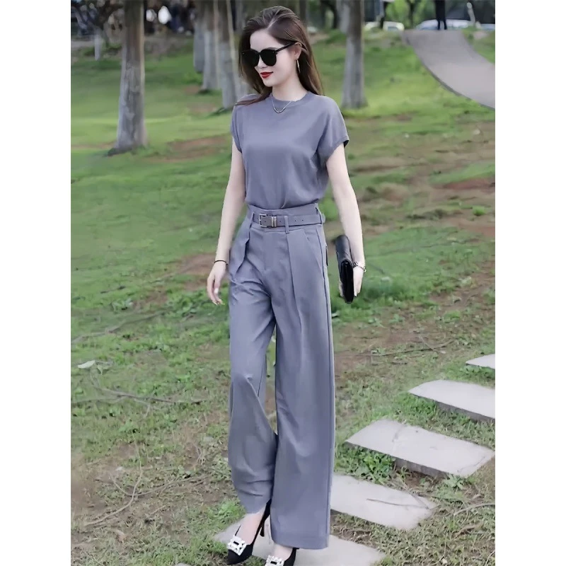 金步康御姐时尚套装夏季新款女装气质圆领上衣休闲阔腿裤两件套