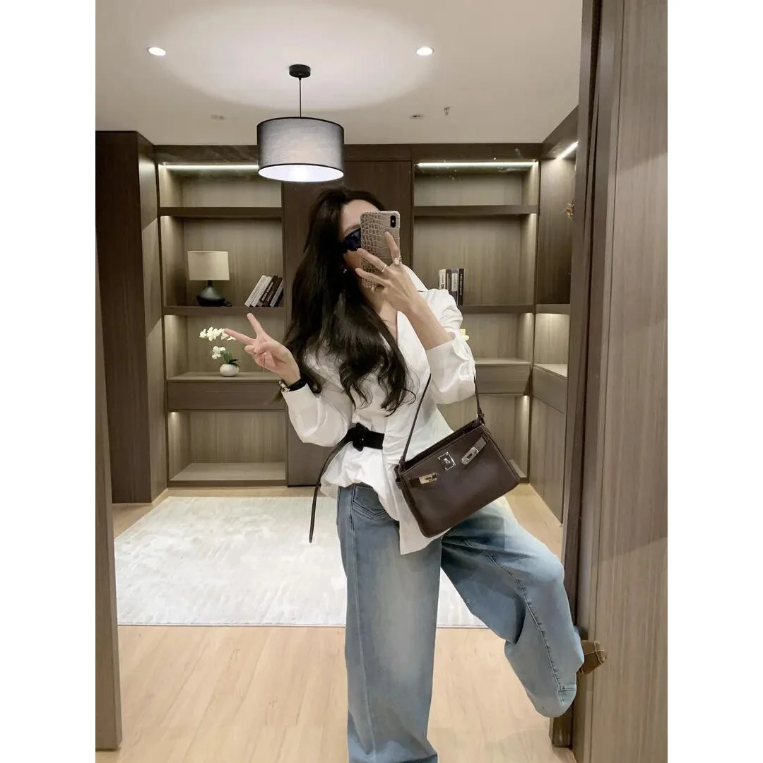 洋气衣服早春小众炸街高级感女装花苞长袖衬衫复古阔腿牛仔裤