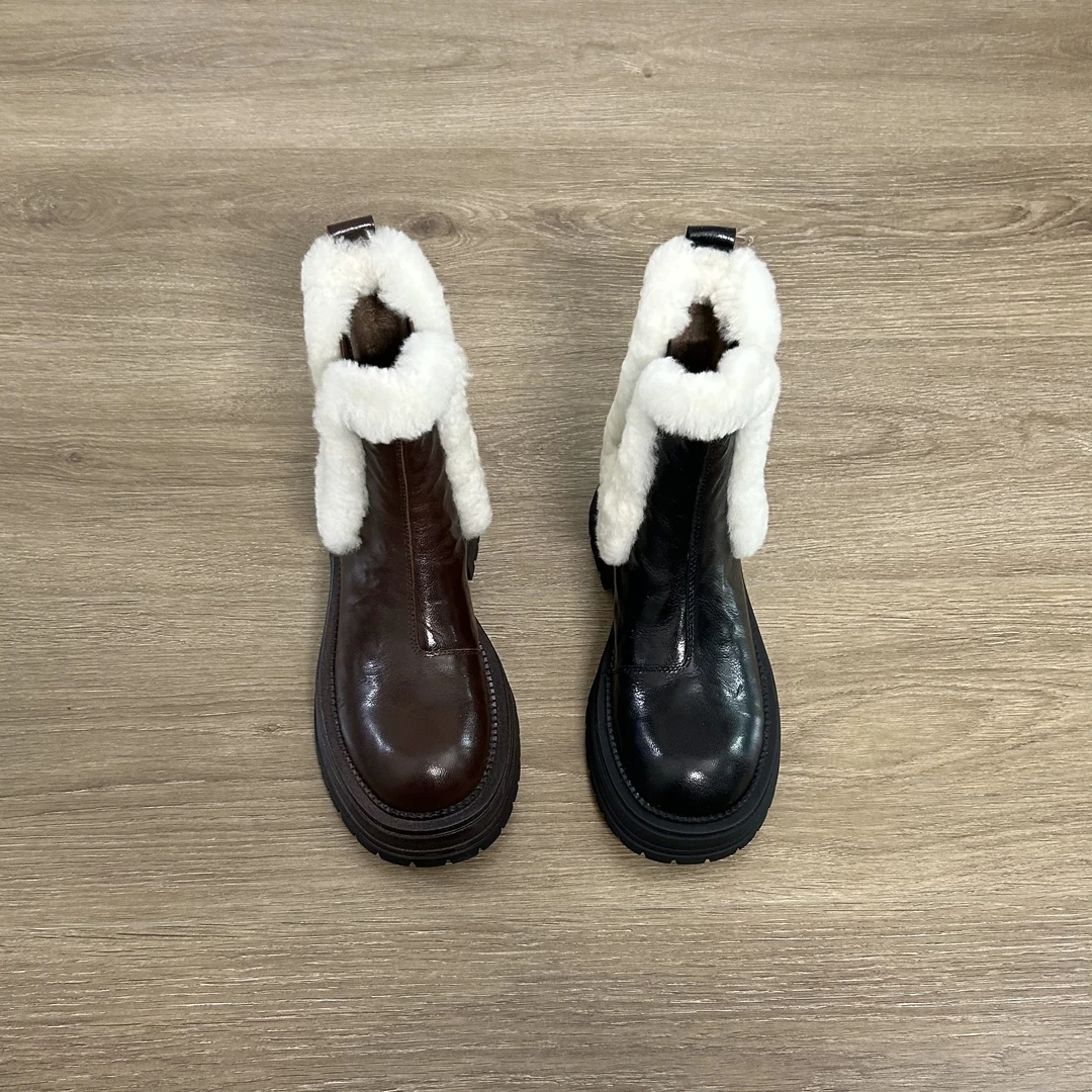 Dannyfery羊皮厚底女冬季加绒新款一脚蹬圆头保暖复古短靴5.5CM