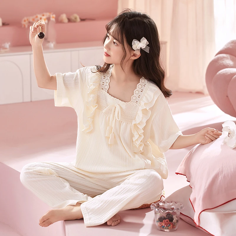 伊束姿夏季薄款纯棉儿童睡衣女童2025新款公主风女孩带胸垫家居服