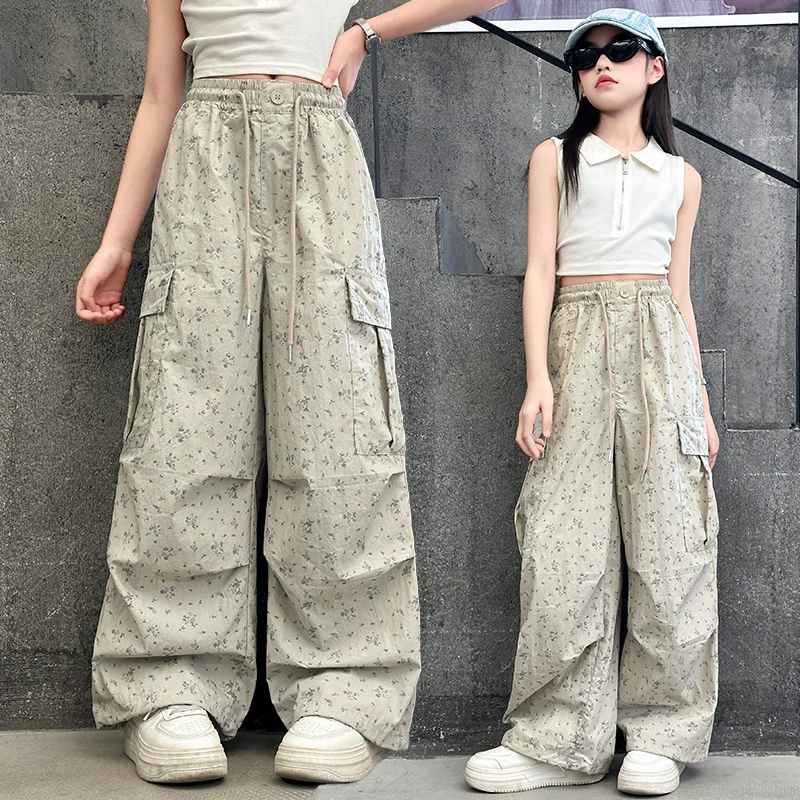 女童休闲工装大口袋长裤子阔腿裤夏季儿童宽松休闲碎花直筒裤大童