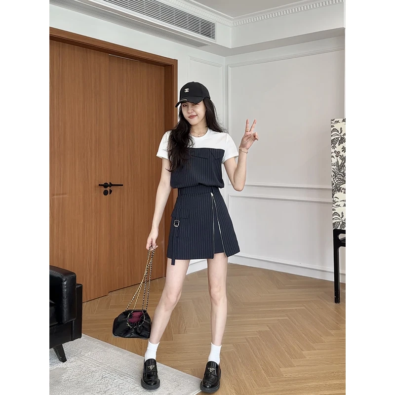 【现货】张阿星日常通勤条纹撞色拼接圆领短袖+拉链开叉高腰A字裙裤