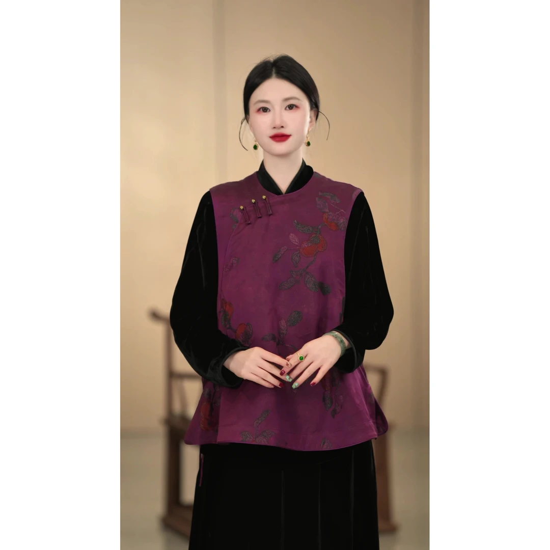 「紫柿马甲」新中式时尚气质百搭汉服网红明制圆领斜襟马甲复古提花