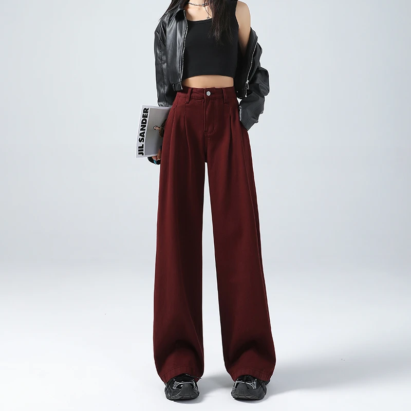 双色美拉德阔腿牛仔裤女2025秋季新款小众高腰褶皱显瘦垂感拖地裤