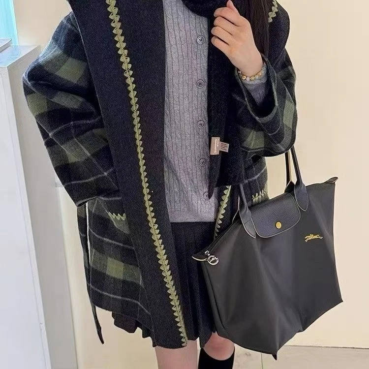 2025秋冬双面羊毛大衣海军领复古英伦格系带拼色加厚小个子穿显高