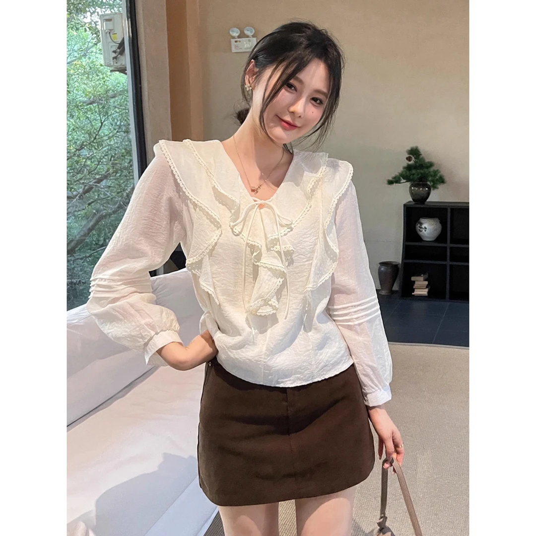 法式v领女衬衫2025新款秋高级感内搭打底系带荷叶边长袖衬衣上衣