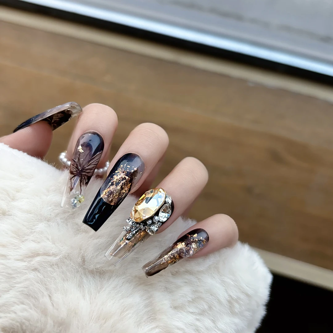 【落日流金】国风焦糖色氛围感水彩手绘穿戴甲