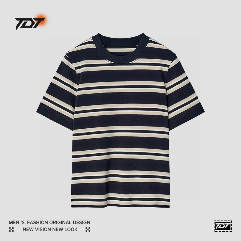 2025夏季新品经典撞色条纹正肩休闲圆领短袖T恤女纯棉百搭上衣
