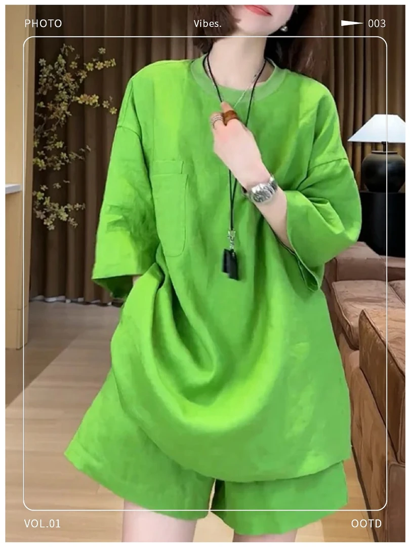 时尚两件套欧洲站2025夏季慵懒风百搭宽松中长款上衣高腰纯色短裤