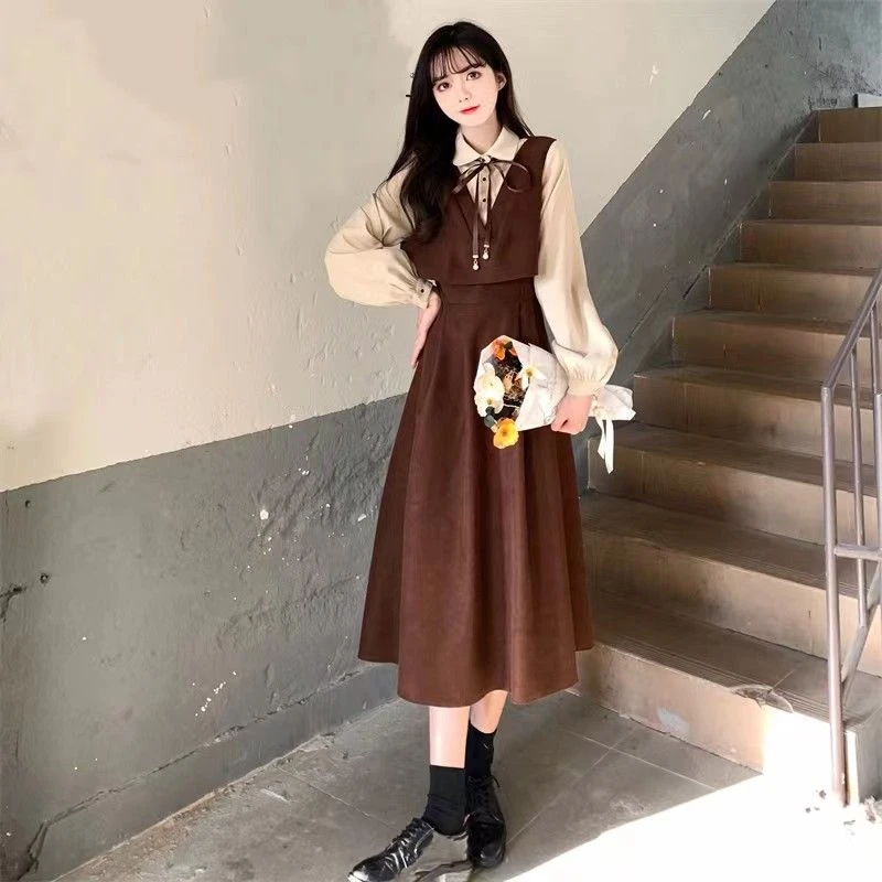 【斜纹灯芯绒】2024秋冬新款法式复古拼接假两件收腰显瘦连衣裙女