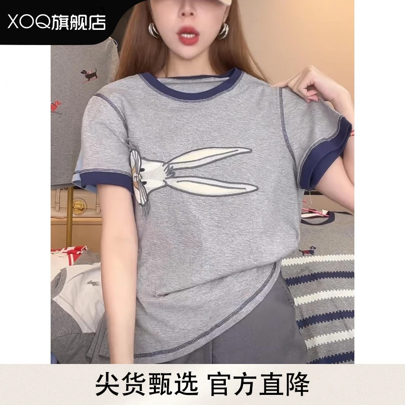 XOQ设计感小兔子刺绣明线撞色短袖T恤女2025新款潮牌百搭显瘦上衣