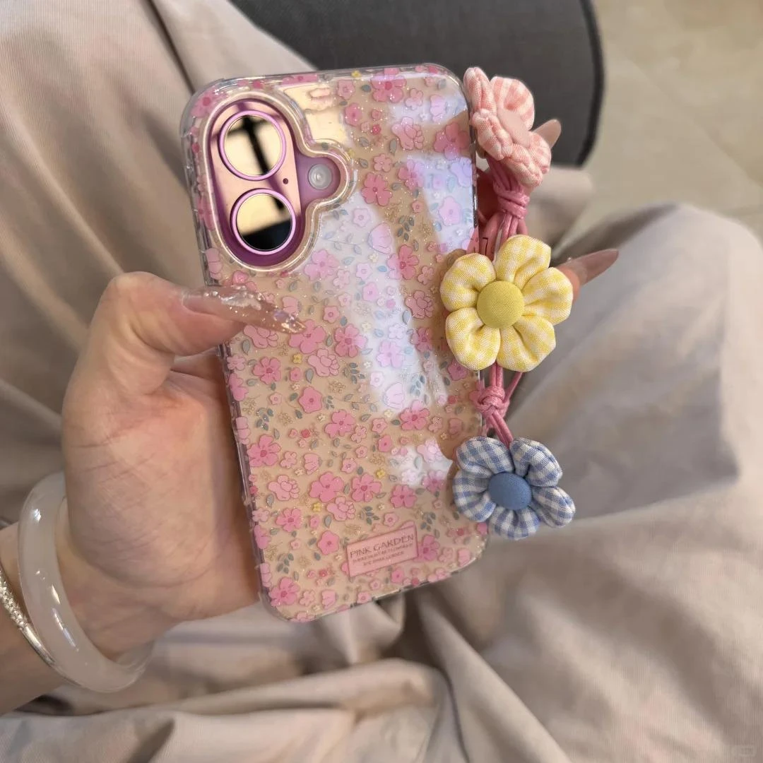 满屏小红花适用iPhone16/15pro白色闪粉14苹果13手机壳12防摔保护