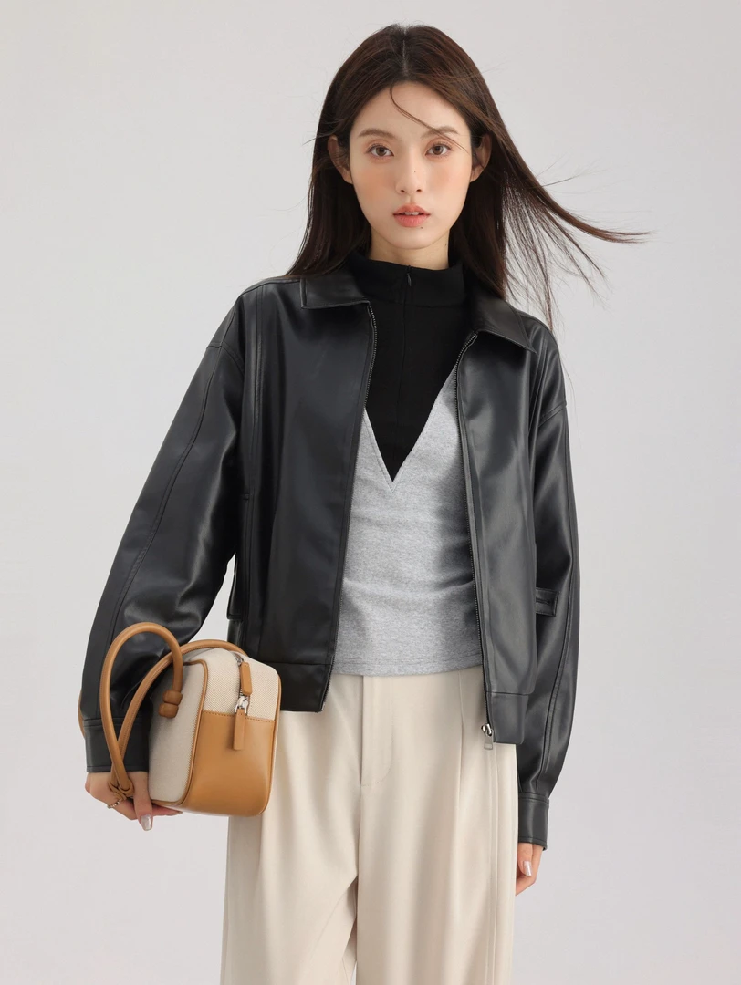 瞌睡兔 黑色pu皮衣外套女春季高级感机车翻领宽松夹克上衣248129