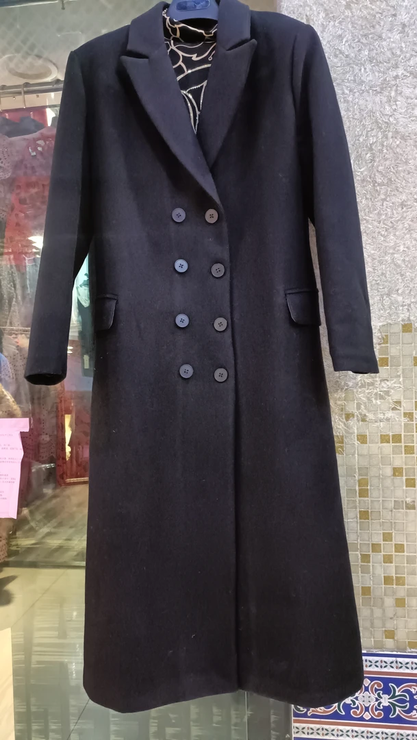 黑色中长款西装领双排扣呢大衣气质修身外套