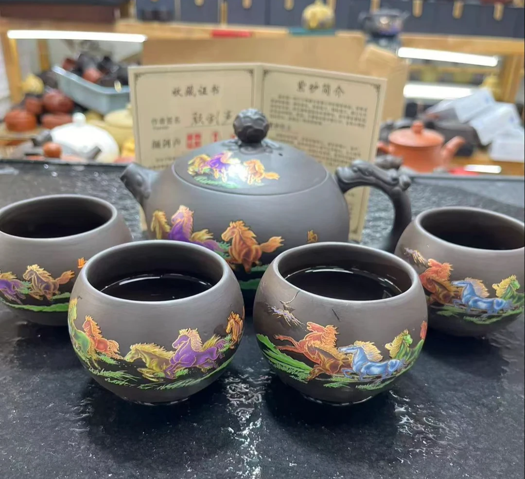 原矿紫砂马到成功变色大西施一壶四杯