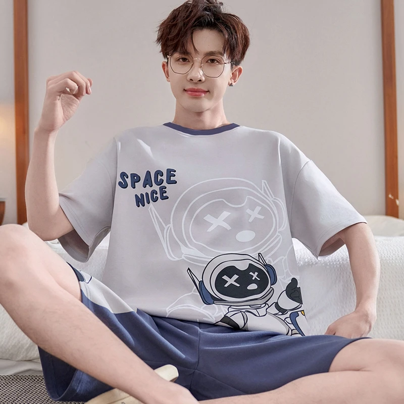 bejirog/北极绒时尚休闲大气纯棉男士睡衣夏季宽松薄款青少年套装