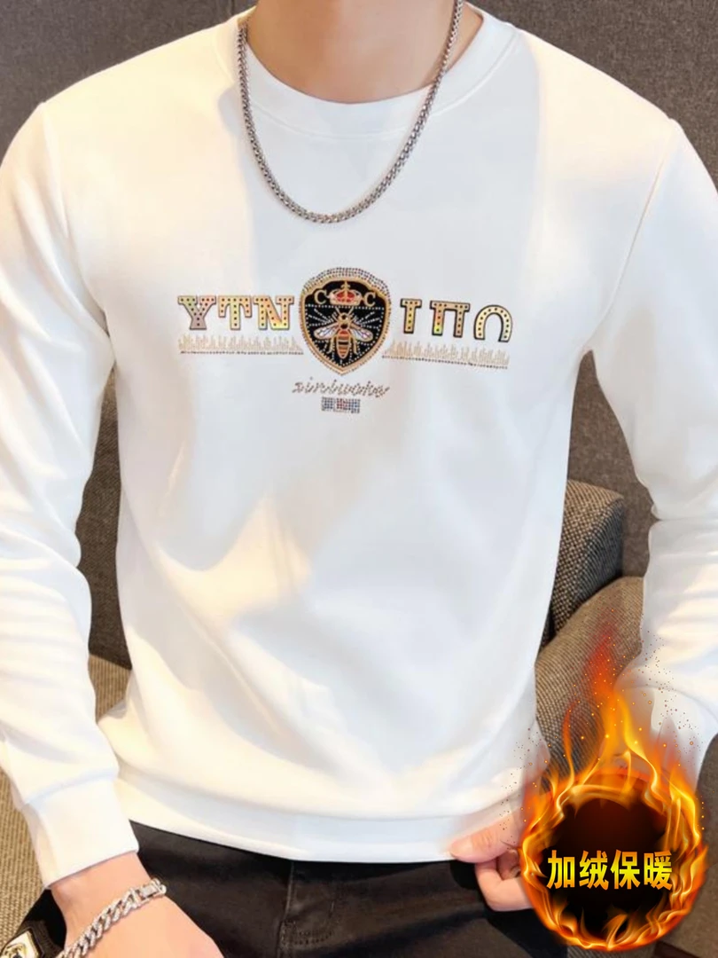 2025冬季新款卫衣男圆领加绒加厚烫钻印花欧货时尚休闲男长袖上衣