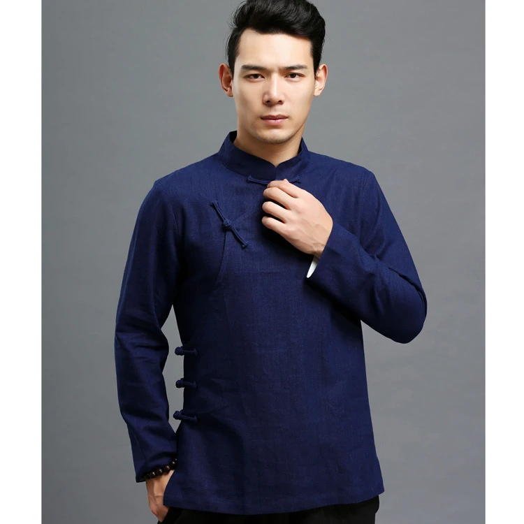 2025时尚新款民族风男装外套 斜襟一字扣苎麻男式T恤衫 长袖上衣