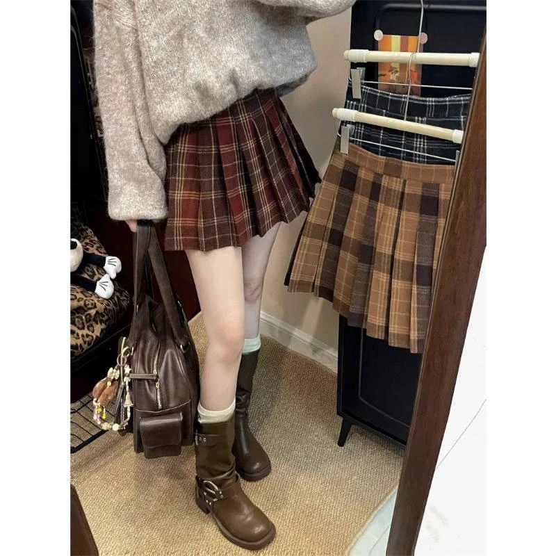 复古红色加厚毛呢格子百褶裙半身裙女秋冬辣妹半裙小个子a字短裙