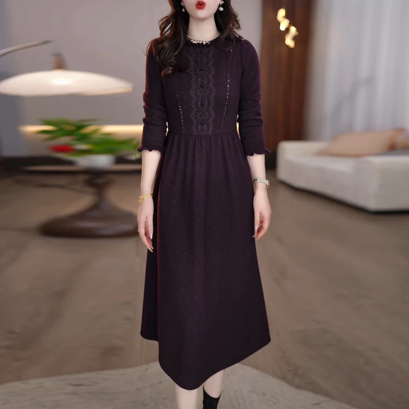 设计感轻奢高定连衣裙女2025冬季新款女士洋气显瘦减龄加厚中长裙