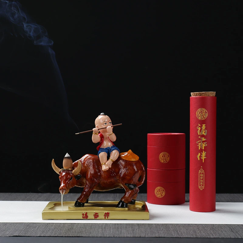 直销秋冬新款创意倒流香线香牧童骑牛精美套装摆件支持