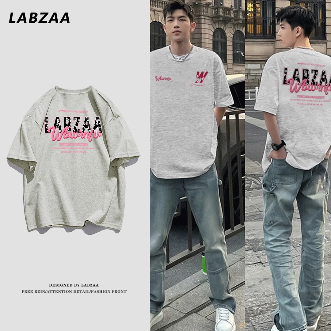 labzaa美式复古趣味字母印花短袖T恤男夏季高街百搭重磅纯棉上衣