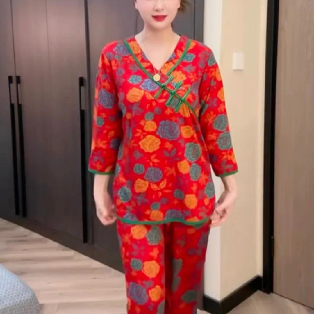 秋冬睡衣国风印花大码宽松舒适七分袖可外穿红色家居服新中式斜襟