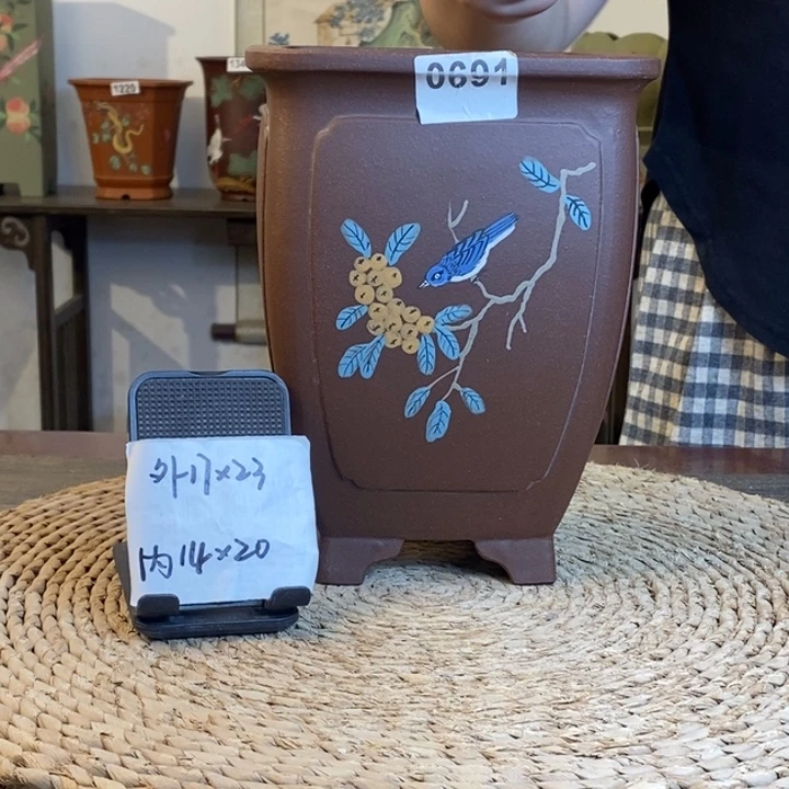 紫砂花盆  紫泥奎面手绘高四方0691