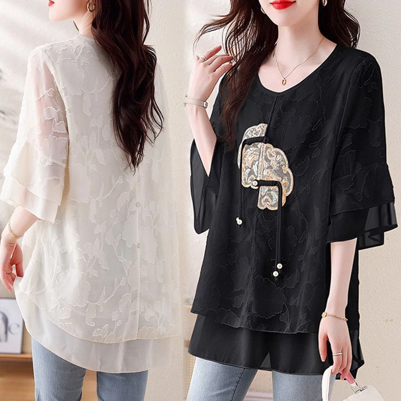 杭州群姐家国风t恤女夏季欧货大码宽松遮肚子雪纺衫假两件上衣